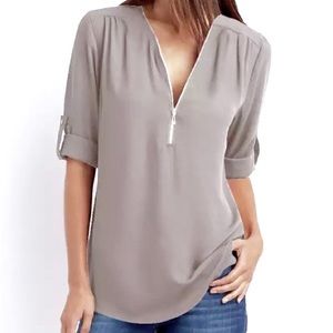 Elegant v neck slight sheer grey zipper roll up sl